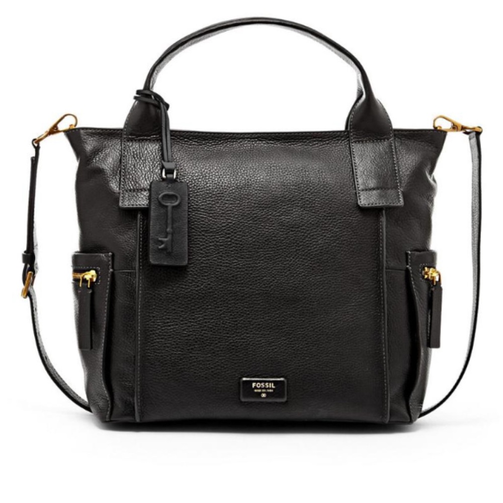 Fossil Emerson Black Leather Crossbody Bag Top Handle Medium Satchel